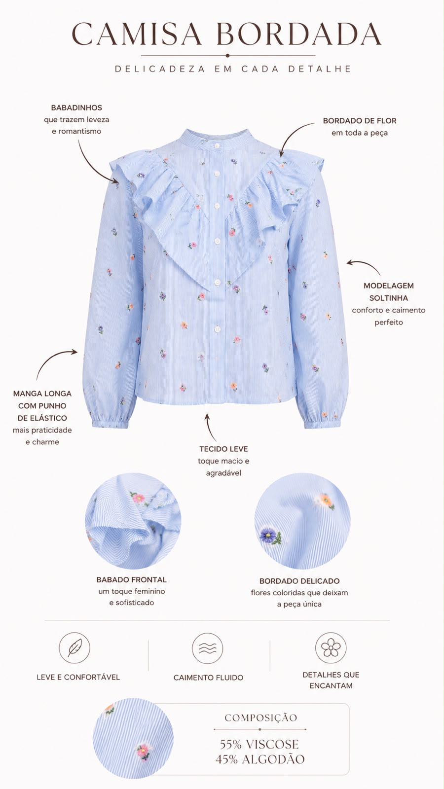 Camisa Bordada Floral com Babados