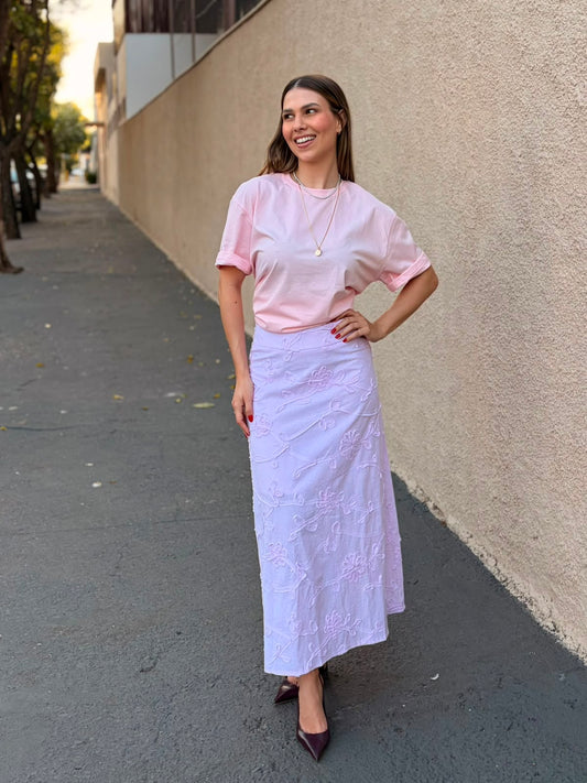 Saia Midi Rosé Bordada