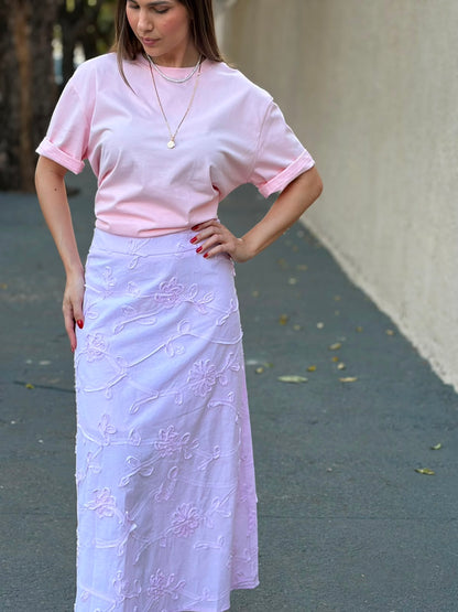 Saia Midi Rosé Bordada